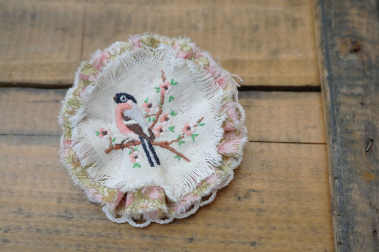 Completed embroidered bird brooch. Textile jewellery. Fabric brooch. Upcycled, recycled, repurposed.