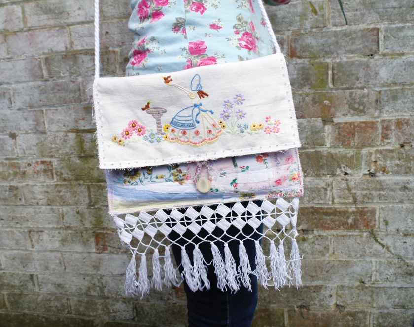 Bag made from vintage embroidery of a crinoline lady. Upcycled vintage embroidery. Upcycled vintage linen. Vintage linen upcycling craft ideas.